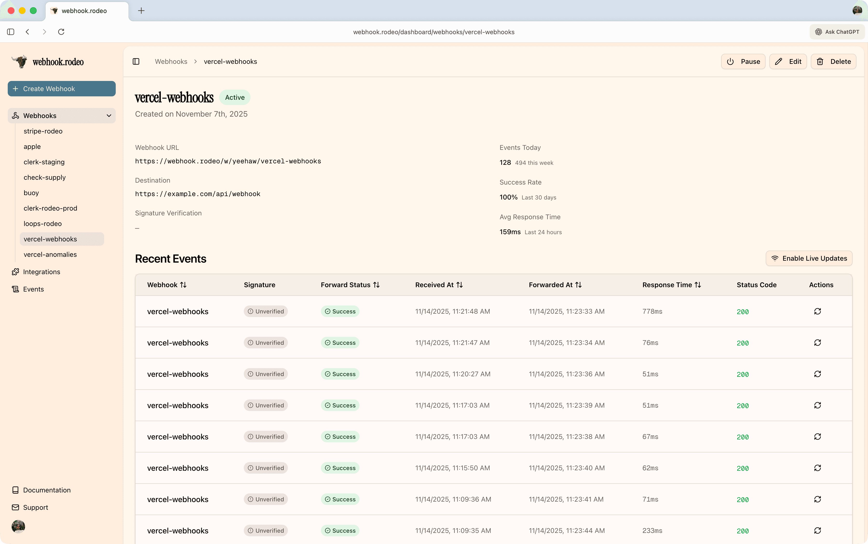 Webhook configuration interface showing URL, forwarding options, and settings